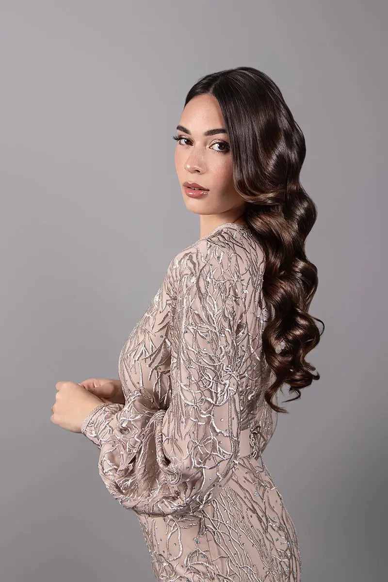 short nude beige kaftan with puff sleeves