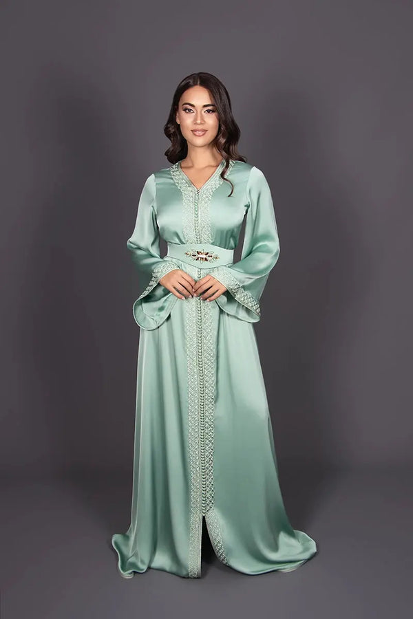 Pastel green Moroccan silk caftan with flared sleeves