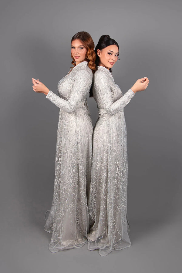 caftan marocain en dentelle femme argente 