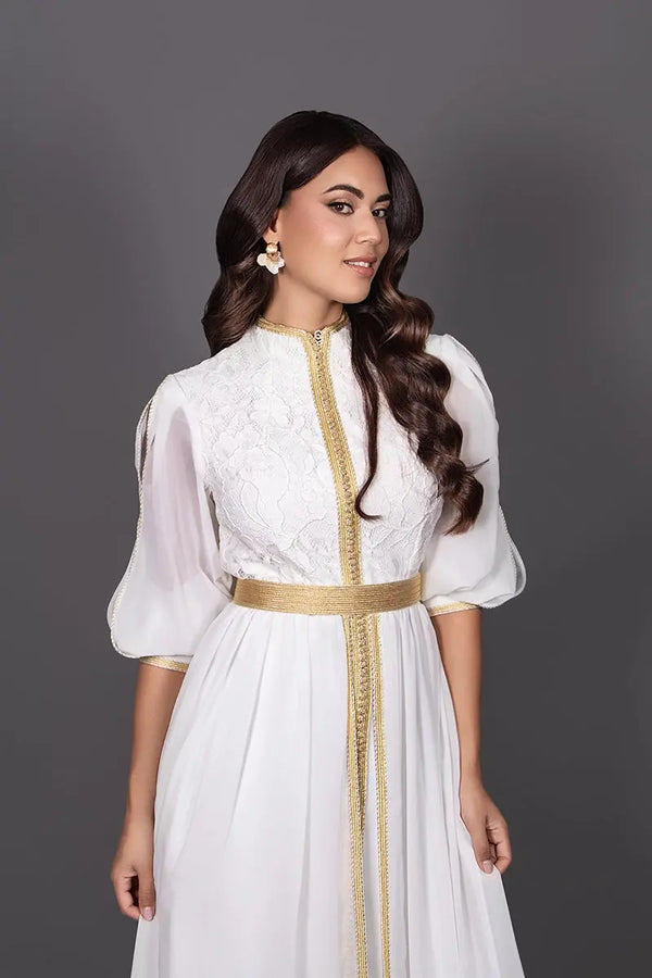 caftán marroquí para mujer, creación exclusiva en blanco y dorado