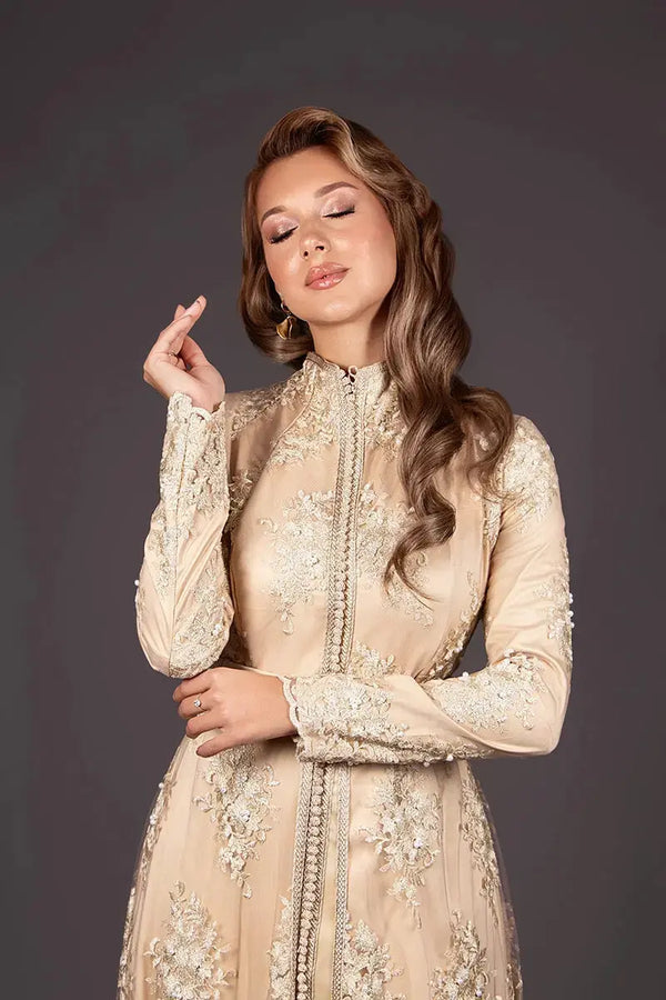 caftano marocchino da donna modesto con colletto rialzato, ideale per l’hijab, in pizzo beige