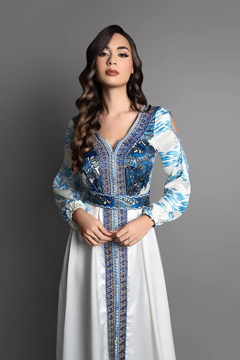 flowing blue and white wedding kaftan with open sleeves
