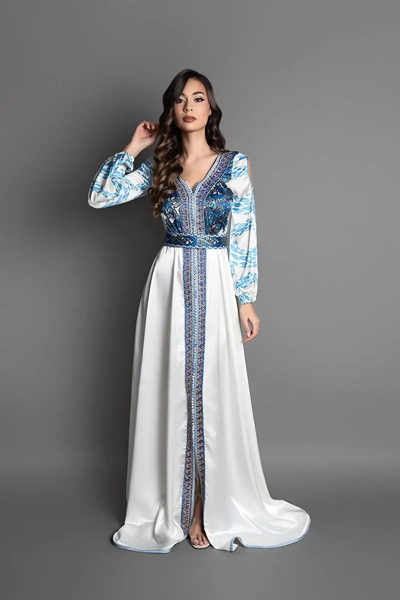 flowing blue and white wedding kaftan with open sleeves