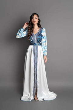 flowing blue and white wedding kaftan with open sleeves