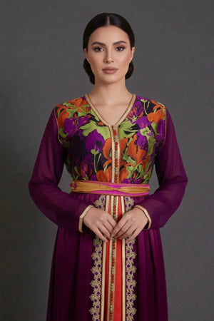 caftan marocain violet et orange avec ceinture drappée artisanale