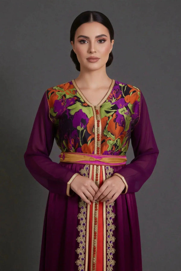 caftan marocain violet et orange avec ceinture drappée artisanale