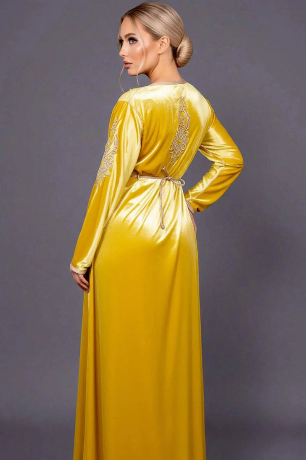 Marokkanischer Damen-Kaftan in Senfgelb für Hochzeit und Beschneidung