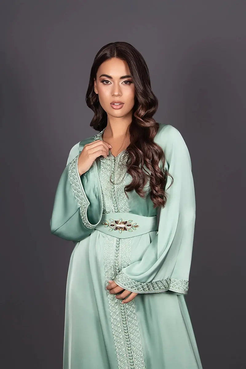 Pastel green Moroccan silk caftan with flared sleeves