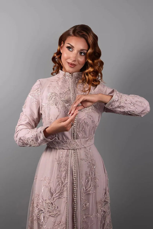 Modest Muslim women's kaftan dress for a Muslim wedding