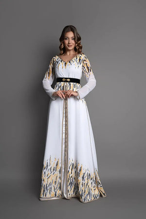 Leichter marokkanischer Kaftan mit U-Boot-Ausschnitt aus bedrucktem Chiffon