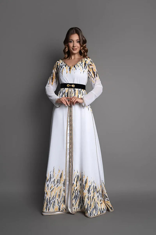 Leichter marokkanischer Kaftan mit U-Boot-Ausschnitt aus bedrucktem Chiffon