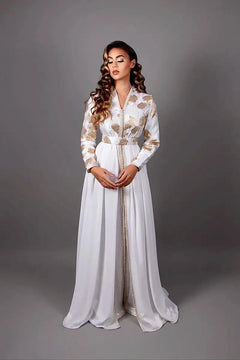 Marokkanischer Hochzeits-kaftan in Gold und Weiß, aus Brokat und Mousseline