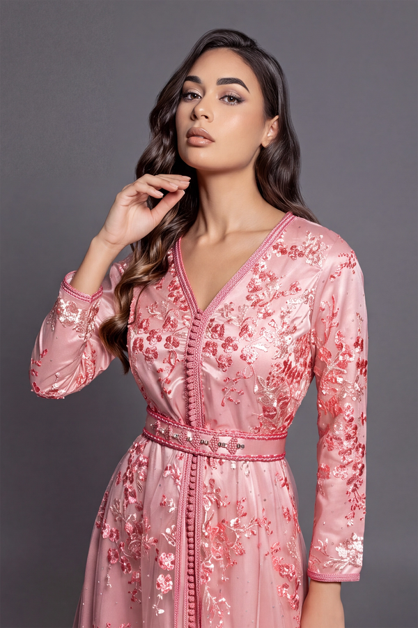 Kaftan marocain femme dentelle perlé couleur sunset orange