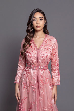 Kaftan marocain femme dentelle perlé couleur sunset orange