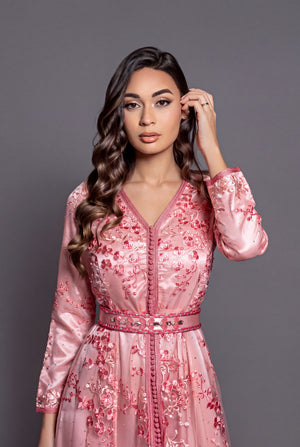 Kaftan marocain femme dentelle perlé couleur sunset orange