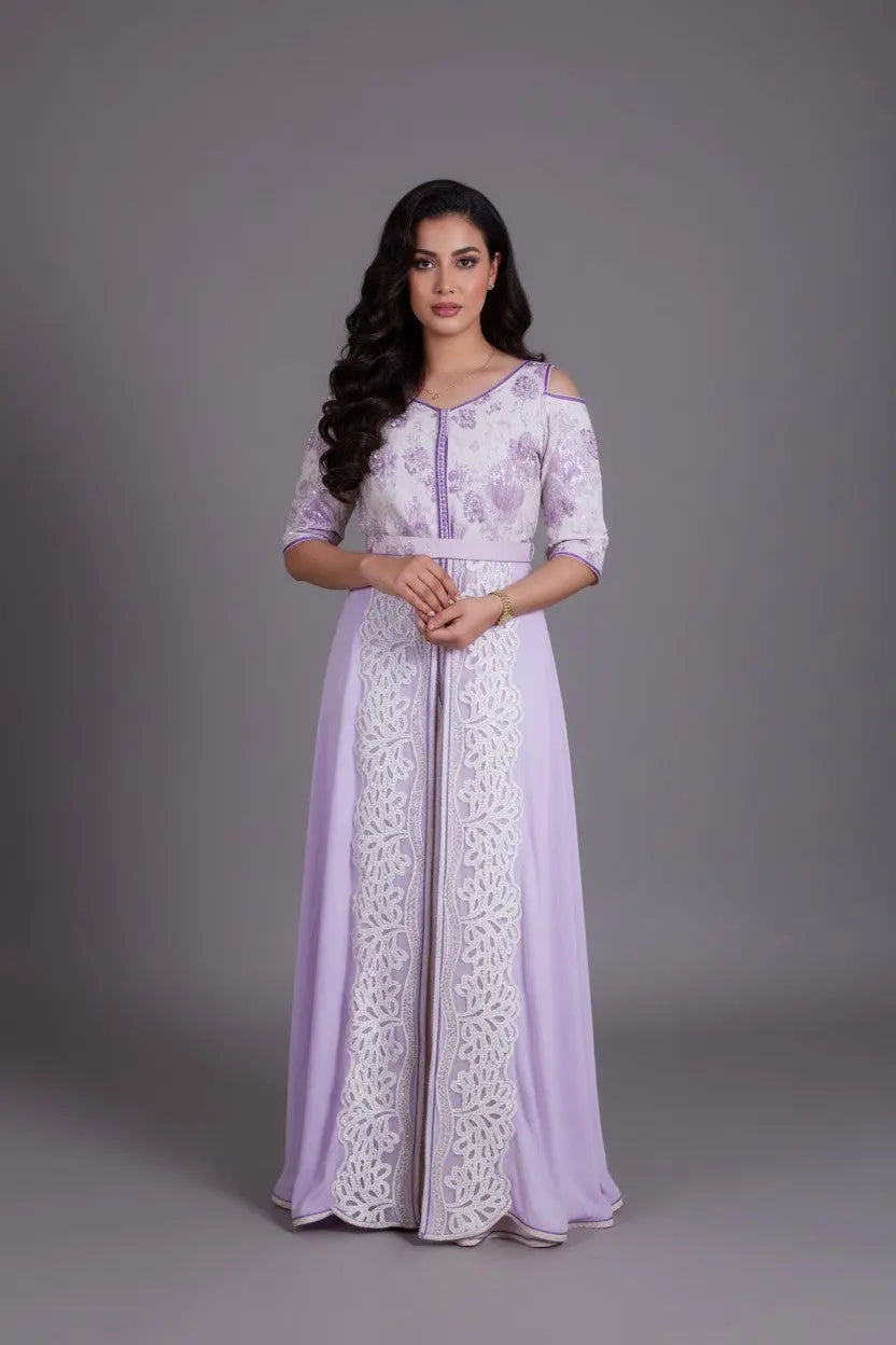 caftan marocain mauve et blanc pour mariage mixte
