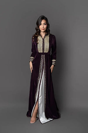 caftan marocain prune avec broderie dorée 
