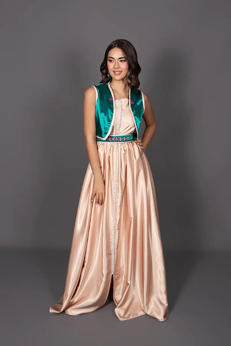 caftan marocain sans manches saumon avec gilet vert