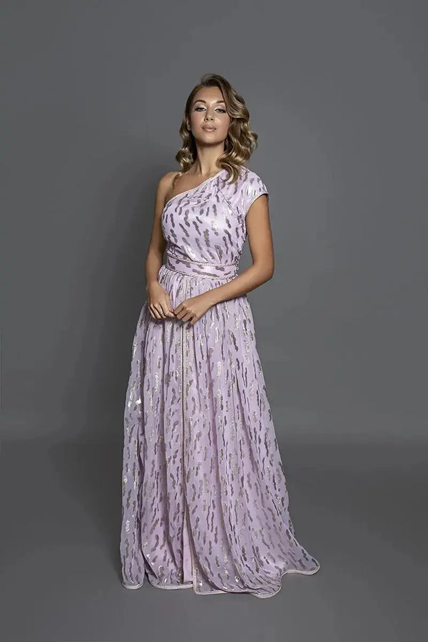 caftan marocain col assymetrique rose et or 