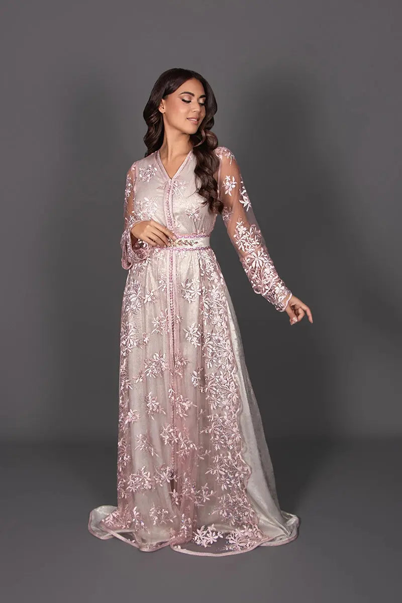 Pink and silver lace takchita, front view