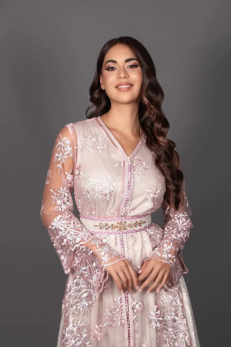 Pink and silver lace takchita, front view