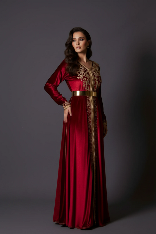 Kaftan marocain en velours rouge bordeau Paytone