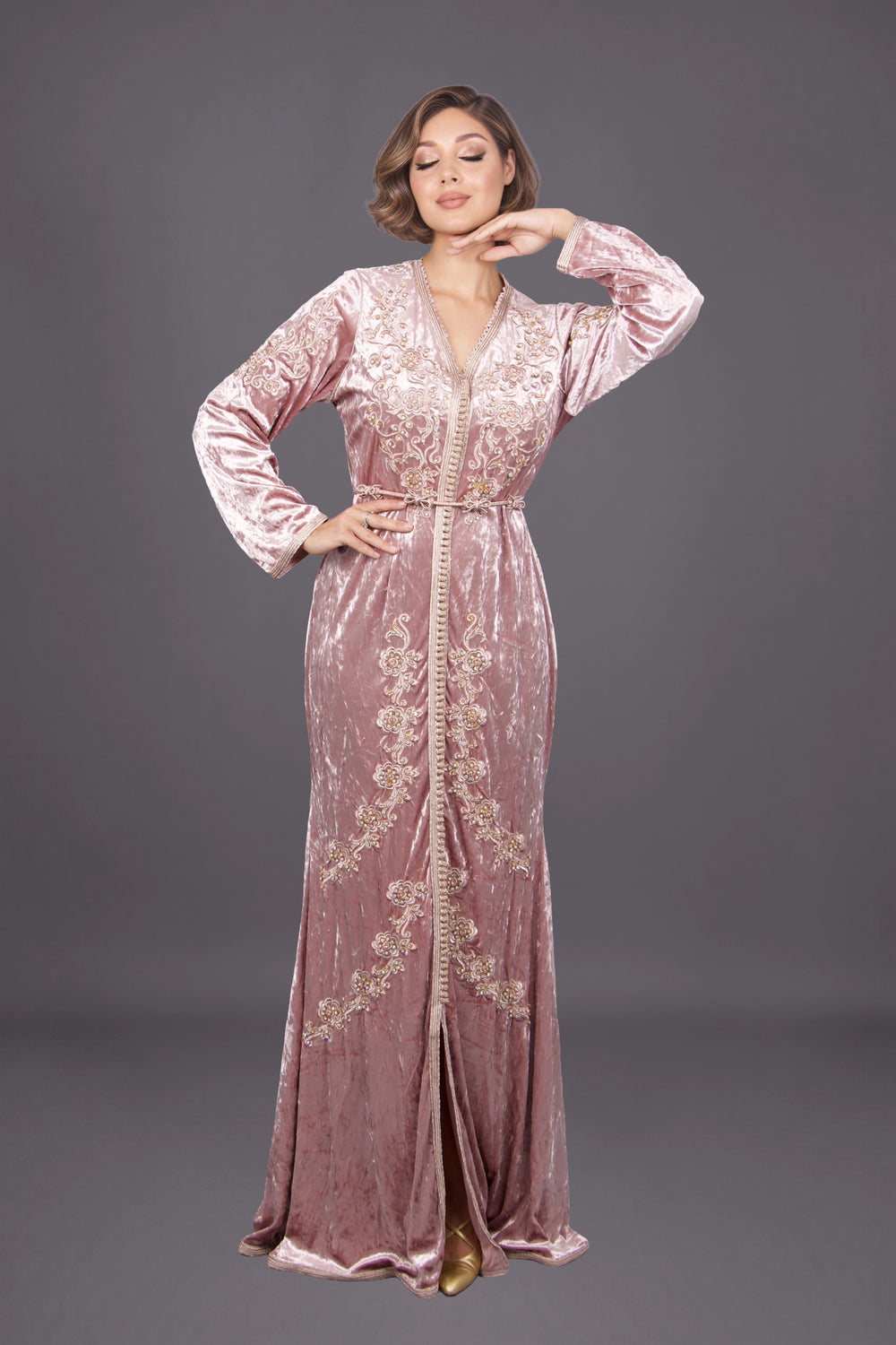 Caftan velours rose fleurs MODE & CAFTAN