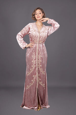 Caftan velours rose fleurs MODE & CAFTAN