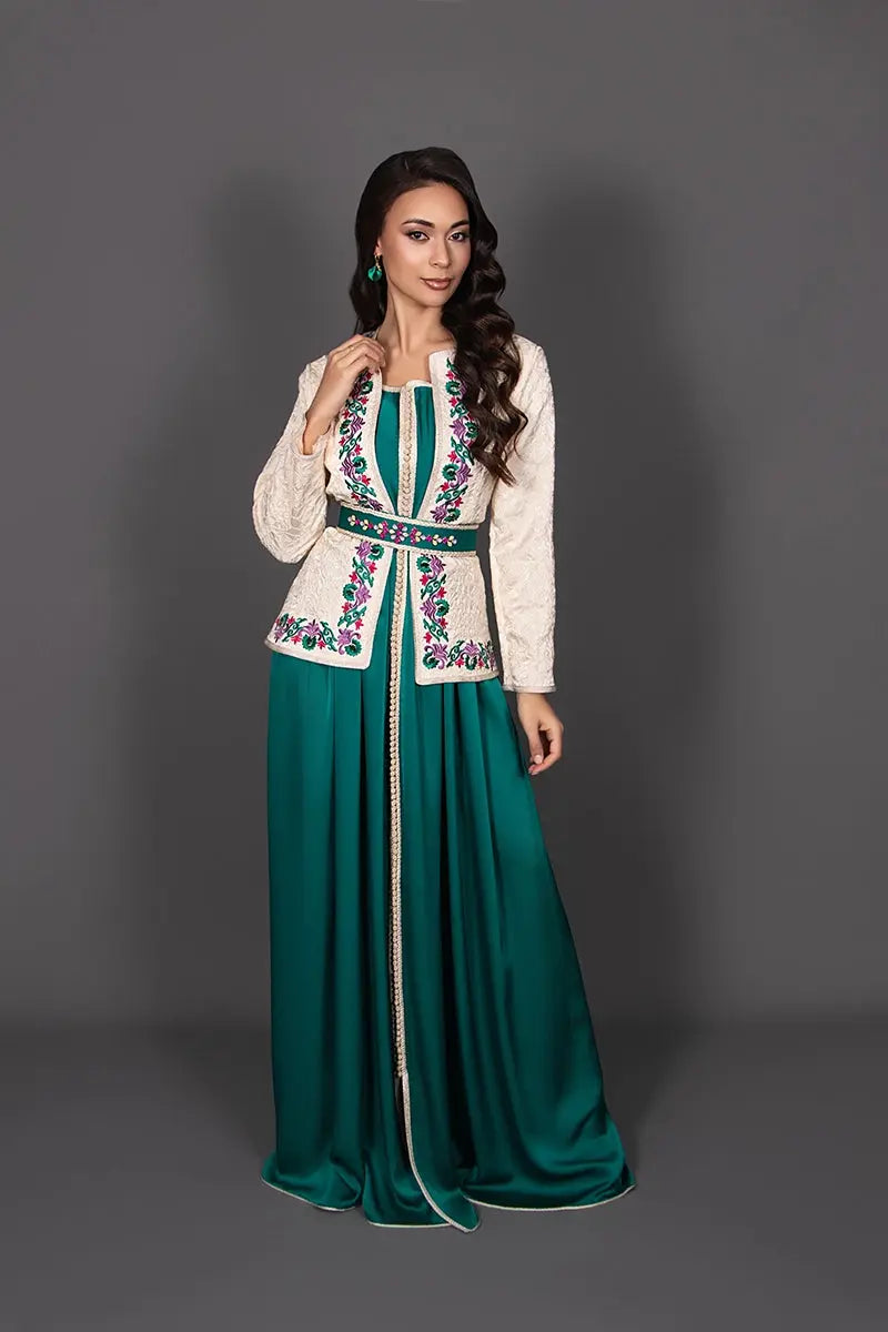 Women’s Moroccan kaftan with a colorful embroidered jacket for wedding celebrations
