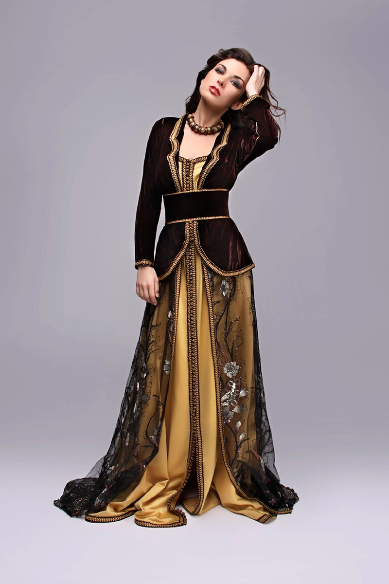 caftan marocain veste velour marron dentelle noir et marron
