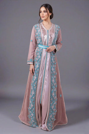 Caftan marocain vieux rose en sari haut de gamme