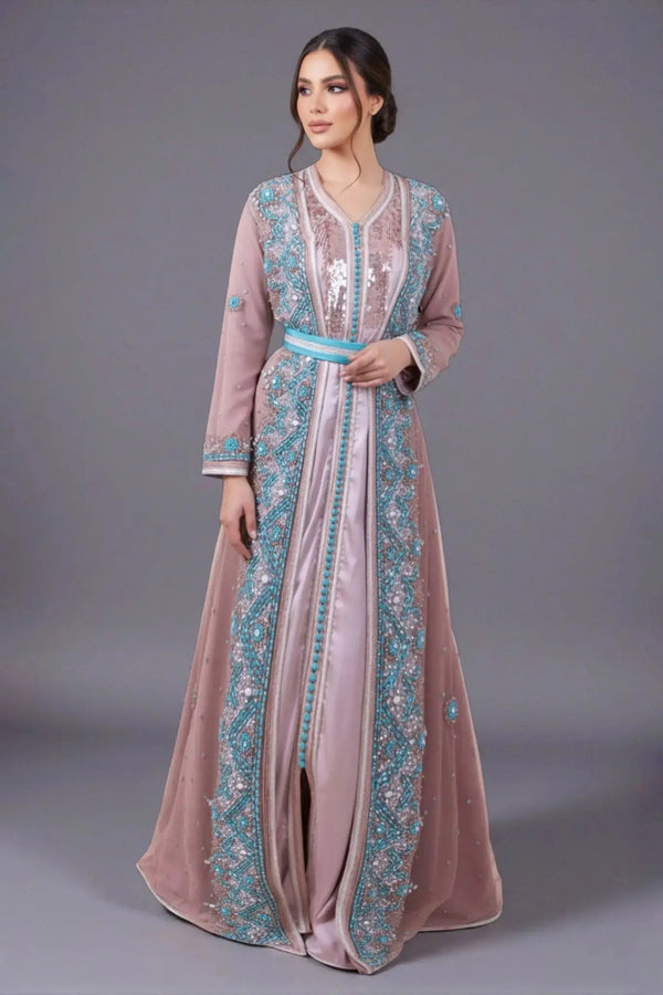 Caftan marocain vieux rose en sari haut de gamme
