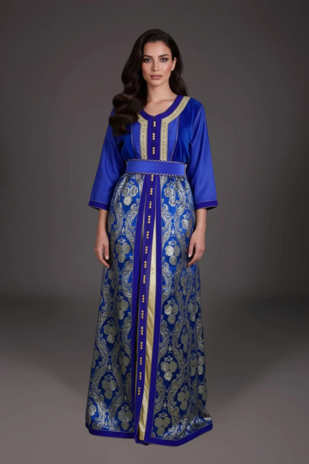 Vintage royal blue brocade kaftan for a Moroccan wedding