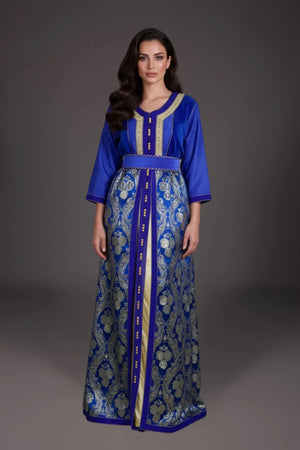 kaftan vintage bleu roi en brocard pour mariage marocain 