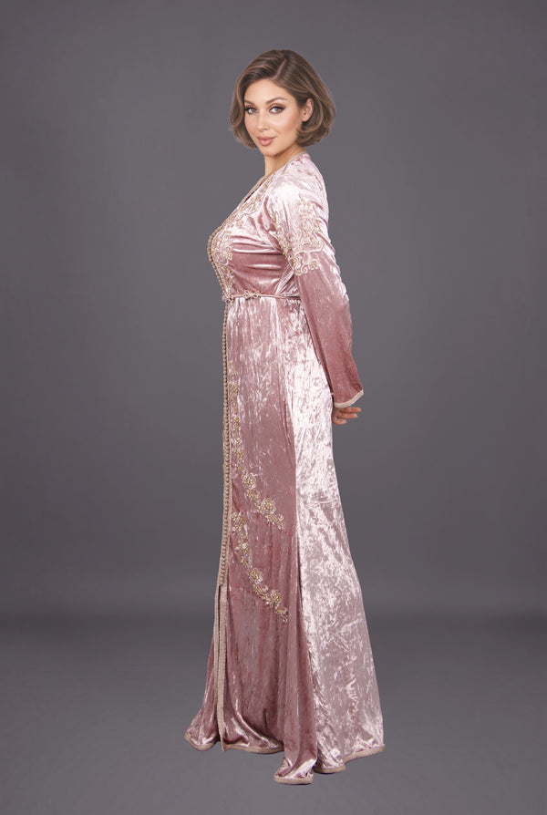 Caftan velours rose fleurs MODE & CAFTAN
