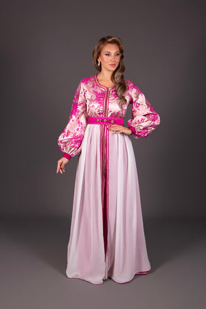 Caftan en brocard avec manches bouffante Orphée fuschia