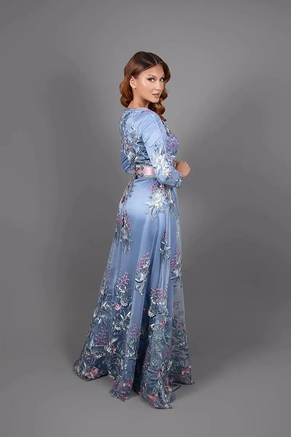 Boat-neck kaftan, floral lace, Moroccan pants