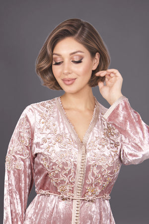 Caftan velours rose fleurs MODE & CAFTAN