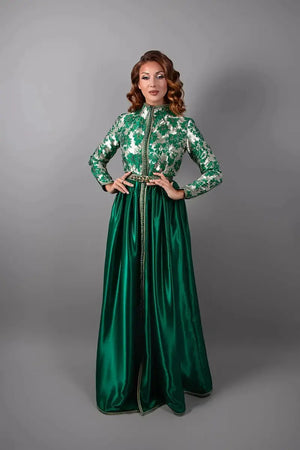 Caftan Salwane vert émeraude coupe longue élégante