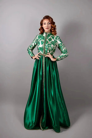 Caftan Salwane vert émeraude vue complète de face