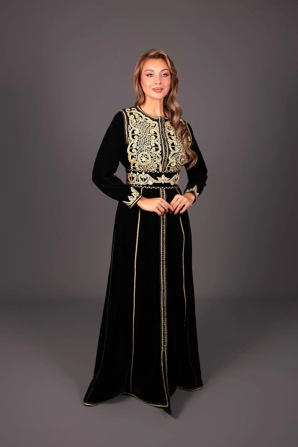 Black velvet caftan for sale with gold embroidery and matching belt