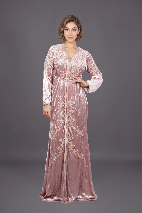 Caftan velours rose fleurs MODE & CAFTAN