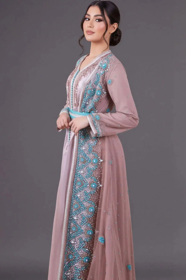 caftan marocain vieux rose et bleu turquoise haut de gamme 