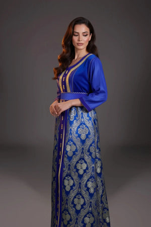 caftan marocain vintage en brocar bleu roi et or