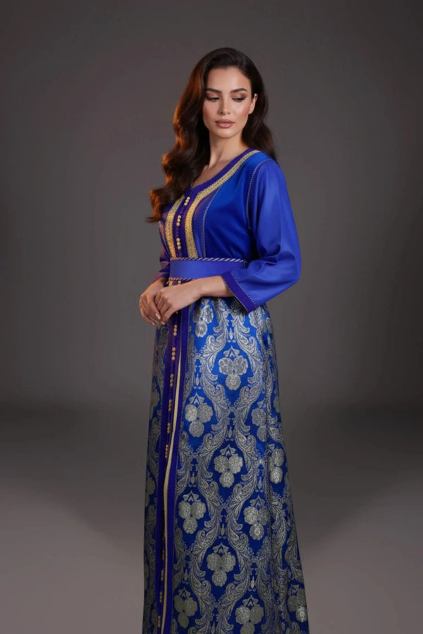 caftan marocain vintage en brocar bleu roi et or