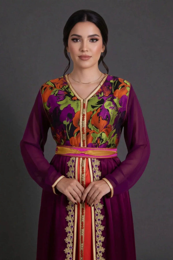 caftan marocain violet et orange leger et soyeux