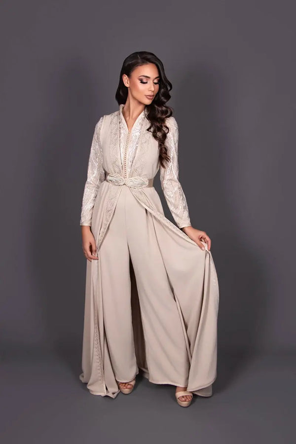 Elegant beige lace kaftan jumpsuit for a wedding