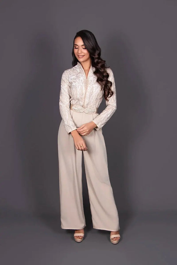 Kaftan jumpsuit for a Moroccan wedding in beige lace