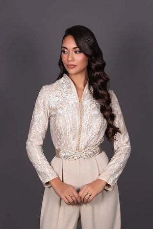 Beige high-neck kaftan jumpsuit with trousers and a handmade artisanal belt