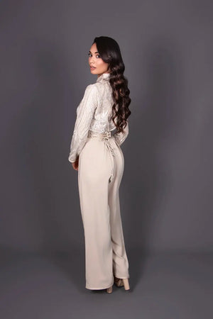 Luxury beige crepe and lace kaftan jumpsuit for a wedding or reception